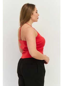 MANGO Women Halter Neck Sleeveless Plain Crop Top, Red  - Image 3