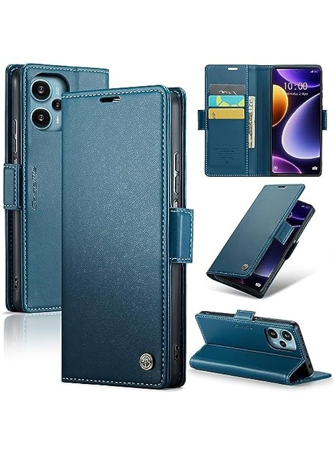 حافظة جلدية فاخرة لهاتف Xiaomi Poco F5 5G - أزرق، مع حامل لـ 3 بطاقات ائتمانية وغلاف مغناطيسي قابل للطي ومانع للإشارات اللاسلكية RFID ومقاوم للصدمات - Image 1