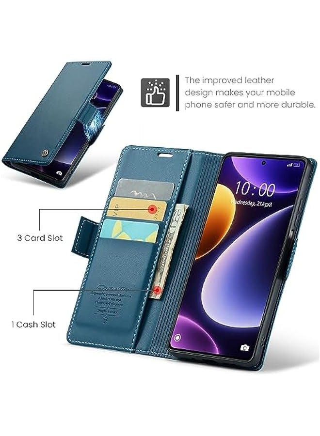 حافظة جلدية فاخرة لهاتف Xiaomi Poco F5 5G - أزرق، مع حامل لـ 3 بطاقات ائتمانية وغلاف مغناطيسي قابل للطي ومانع للإشارات اللاسلكية RFID ومقاوم للصدمات - Image 3