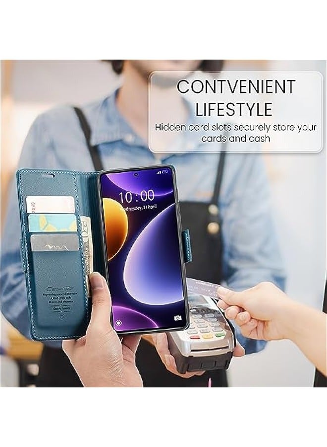 حافظة جلدية فاخرة لهاتف Xiaomi Poco F5 5G - أزرق، مع حامل لـ 3 بطاقات ائتمانية وغلاف مغناطيسي قابل للطي ومانع للإشارات اللاسلكية RFID ومقاوم للصدمات - Image 5