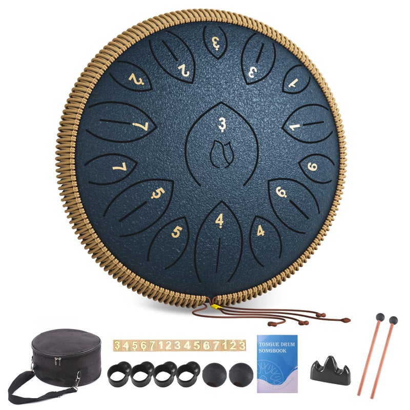 Lidguni Steel Tongue Drum 12 Inch 15 Notes, Steel Drums Instruments for Kids Adults, Hand Pan Drum with Music Book, Drum Mallets and Carry Bag, Handpan C Major, Navy Blue - Image 1