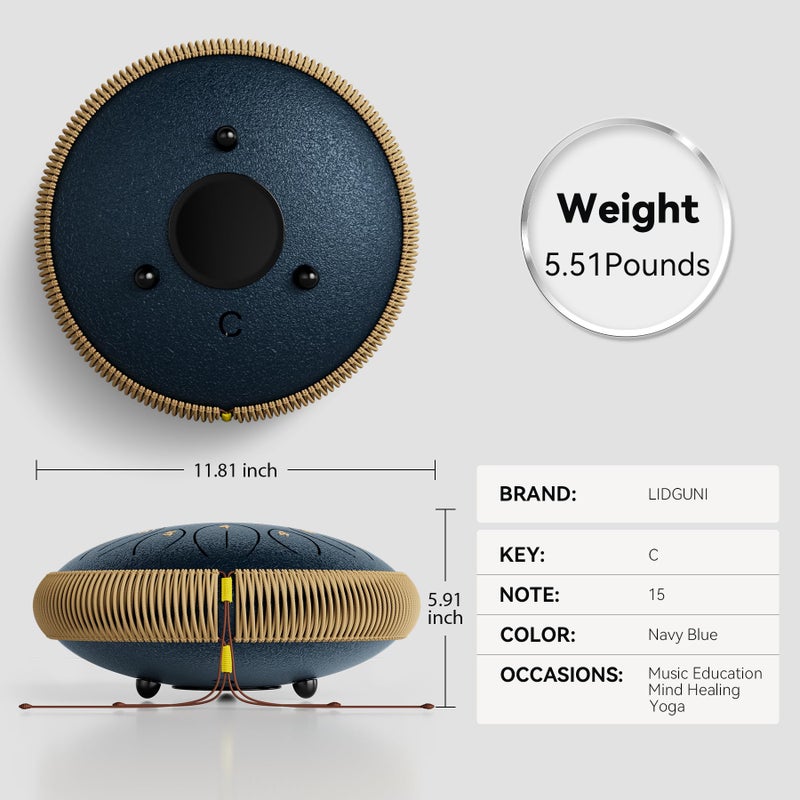 Lidguni Steel Tongue Drum 12 Inch 15 Notes, Steel Drums Instruments for Kids Adults, Hand Pan Drum with Music Book, Drum Mallets and Carry Bag, Handpan C Major, Navy Blue - Image 4