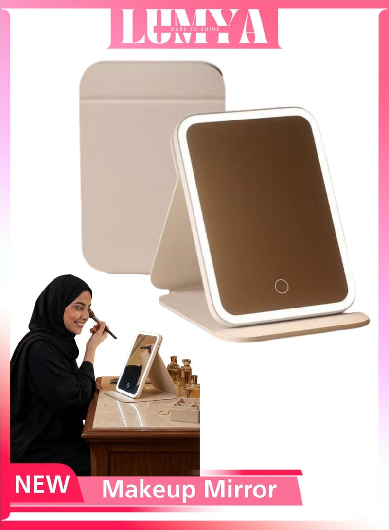 LUMYA Portable LED Makeup Mirror With Lights, Vanity Mirror for Women, Touch Control with 3 Color Lighting Modes, HD Mirror Foldable Stand Adjustable Angle, Rechargeable Battery, USB Rechargeable, Light Mirror, Table Mirror, Led Mirror for Home Office Travel Makeup Skincare (White) - Image 1