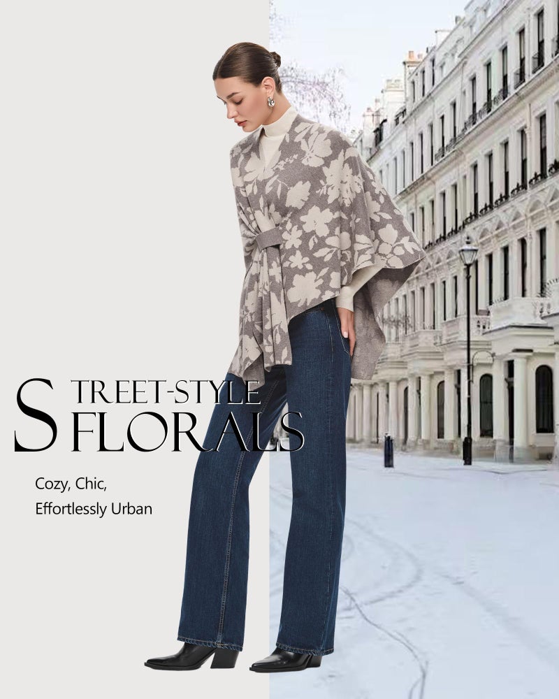 PULI Women's Floral Shawl Wraps Poncho Ruana Cape Open Front Cardigan Sweater Evening Dress for Fall Winter Oatmeal - Image 4