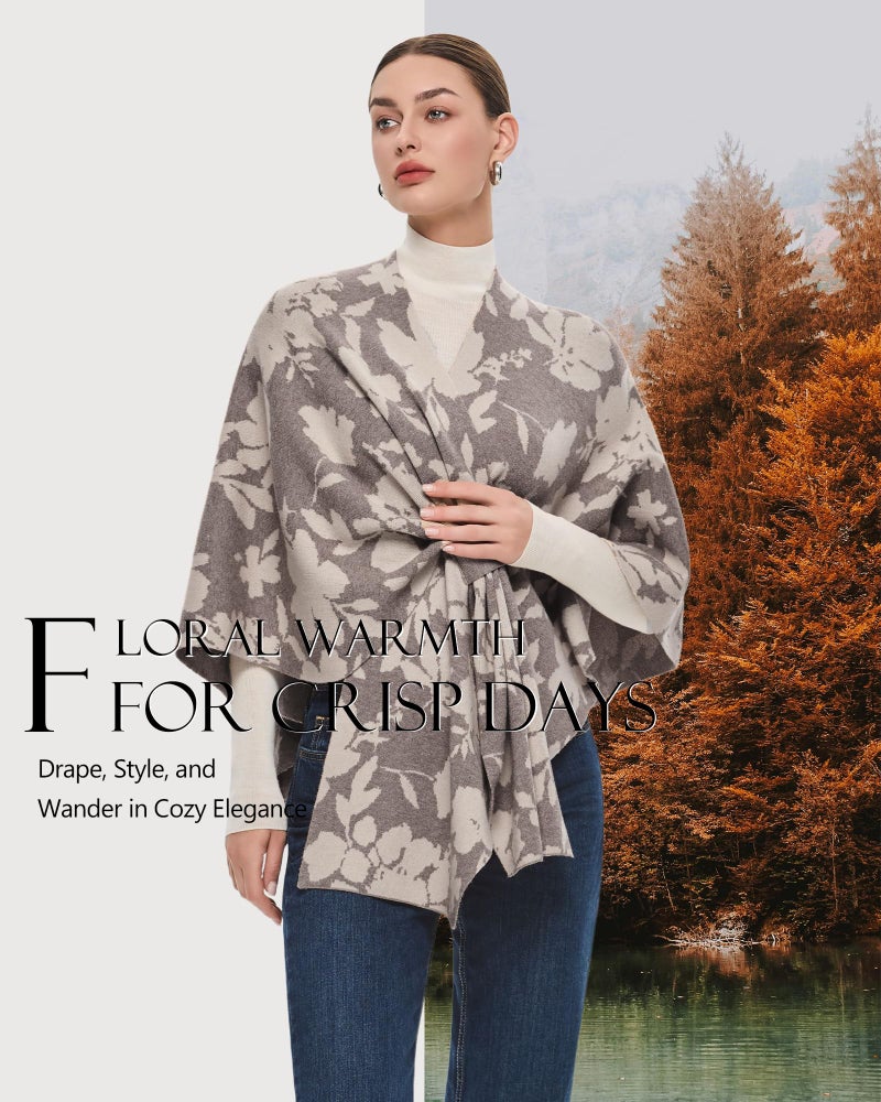 PULI Women's Floral Shawl Wraps Poncho Ruana Cape Open Front Cardigan Sweater Evening Dress for Fall Winter Oatmeal - Image 3