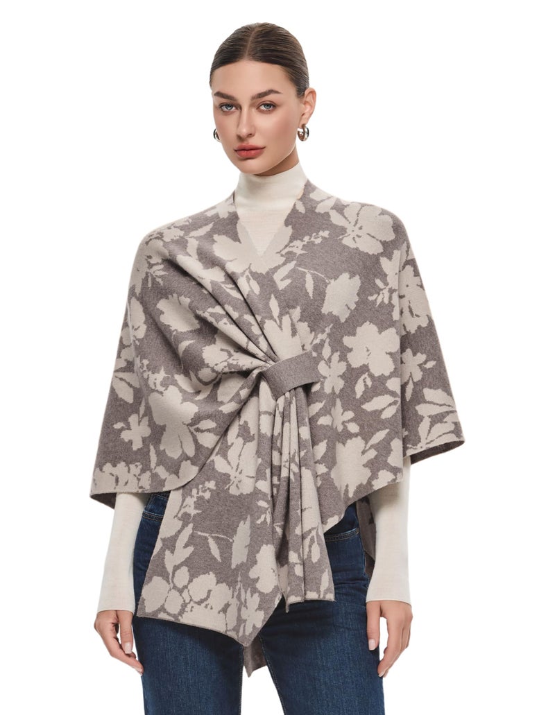 PULI Women's Floral Shawl Wraps Poncho Ruana Cape Open Front Cardigan Sweater Evening Dress for Fall Winter Oatmeal - Image 1