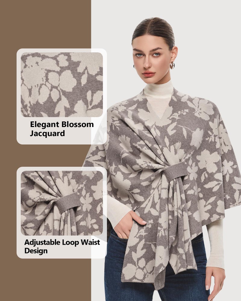 PULI Women's Floral Shawl Wraps Poncho Ruana Cape Open Front Cardigan Sweater Evening Dress for Fall Winter Oatmeal - Image 5