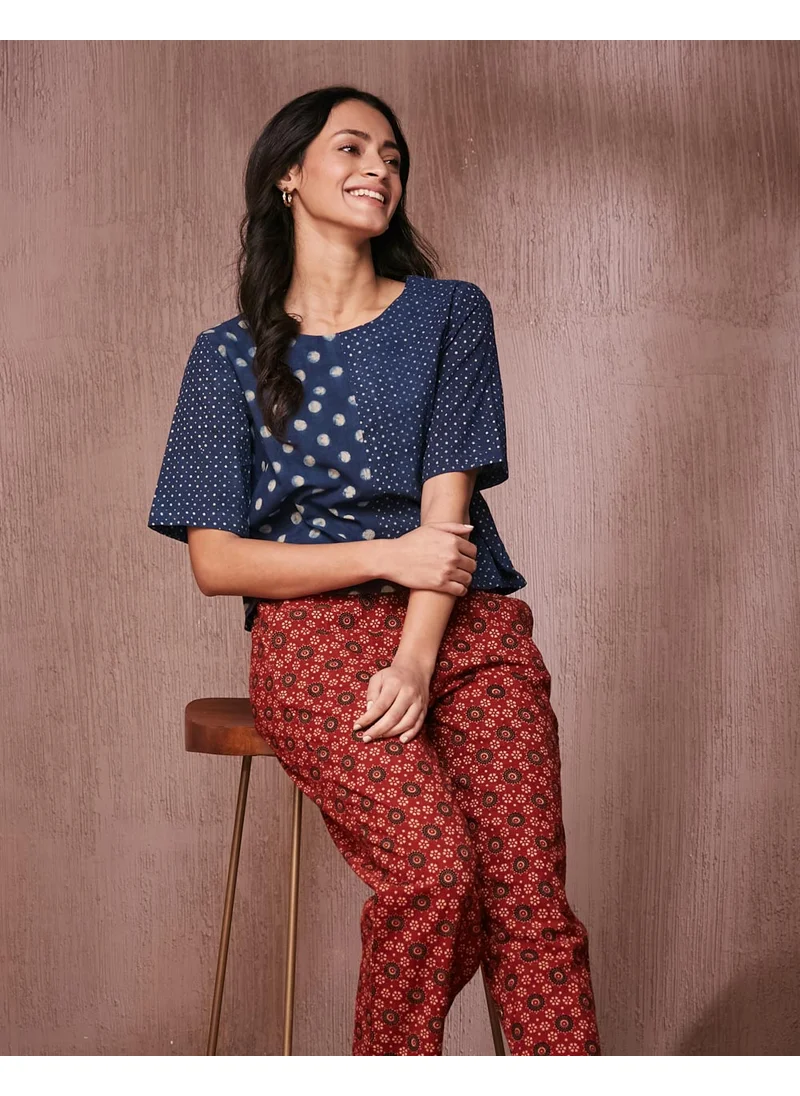 فاب انديا Indigo Cotton Printed Short Top
