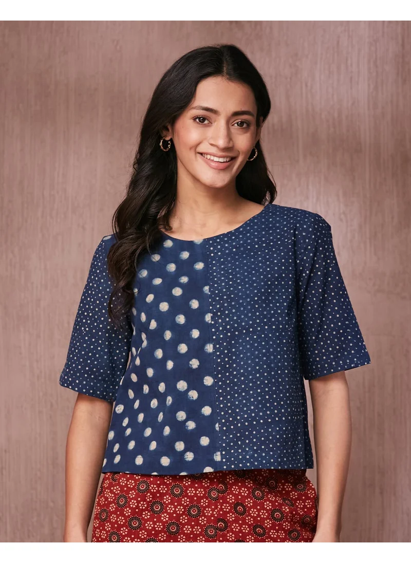 فاب انديا Indigo Cotton Printed Short Top