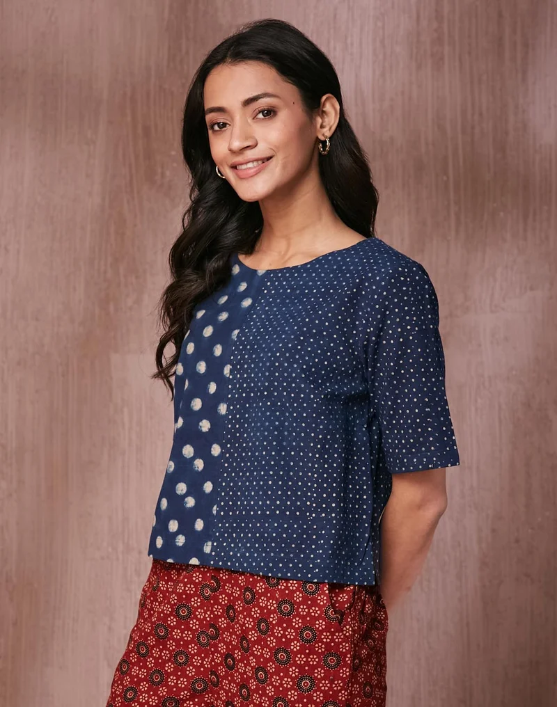 Fabindia Indigo Cotton Printed Short Top