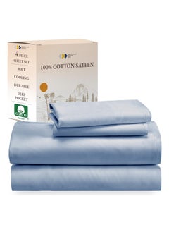 California Design Den California Design Den Soft 100% Cotton Sheets King Size Bed Sheets Set with Deep Pockets, King Sheets Set with Sateen Weave, Cooling Sheets (Blue Hydrangea)  - Image 1