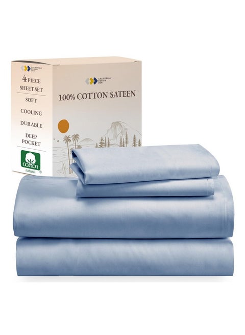 California Design Den Soft 100% Cotton Sheets King Size Bed Sheets Set with Deep Pockets, King Sheets Set with Sateen Weave, Cooling Sheets (Blue Hydrangea)