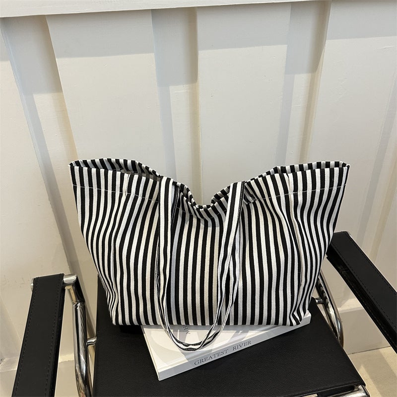 Striped Canvas Bag Women'S Autumn Bag Popular Handbag Casual Shoulder Bag Large Capacity Tote Bag - Image 2