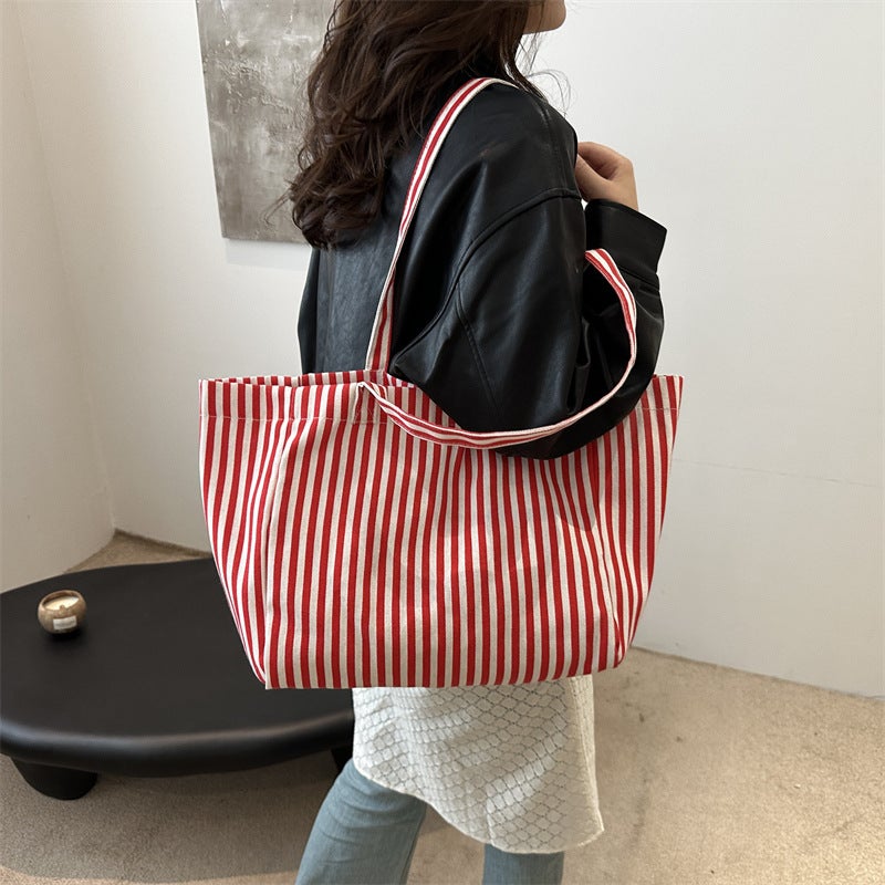Striped Canvas Bag Women'S Autumn Bag Popular Handbag Casual Shoulder Bag Large Capacity Tote Bag - Image 3