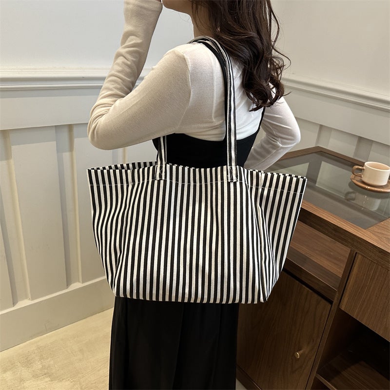 Striped Canvas Bag Women'S Autumn Bag Popular Handbag Casual Shoulder Bag Large Capacity Tote Bag - Image 4