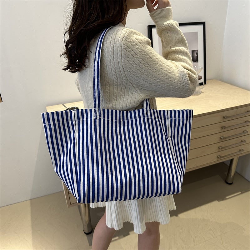 Striped Canvas Bag Women'S Autumn Bag Popular Handbag Casual Shoulder Bag Large Capacity Tote Bag - Image 5