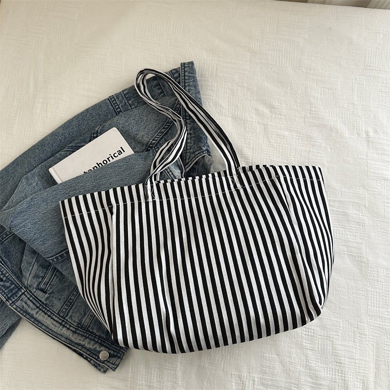 Striped Canvas Bag Women'S Autumn Bag Popular Handbag Casual Shoulder Bag Large Capacity Tote Bag - Image 1