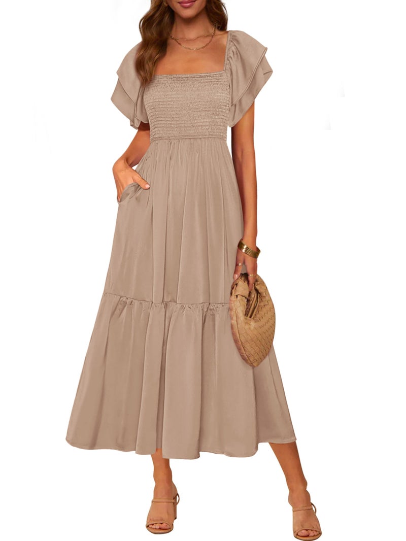 MASCOMODA Womens Summer Casual Midi Dress Square Neck Ruffle Short Sleeve Smocked High Waist A Line Wedding Guest Dresses(Khaki,Large) - Image 1