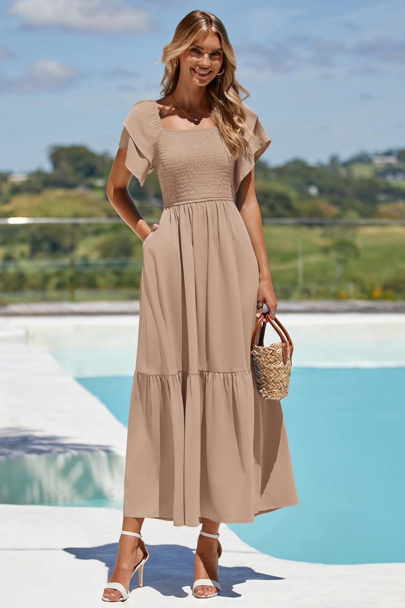 MASCOMODA Womens Summer Casual Midi Dress Square Neck Ruffle Short Sleeve Smocked High Waist A Line Wedding Guest Dresses(Khaki,Large) - Image 4