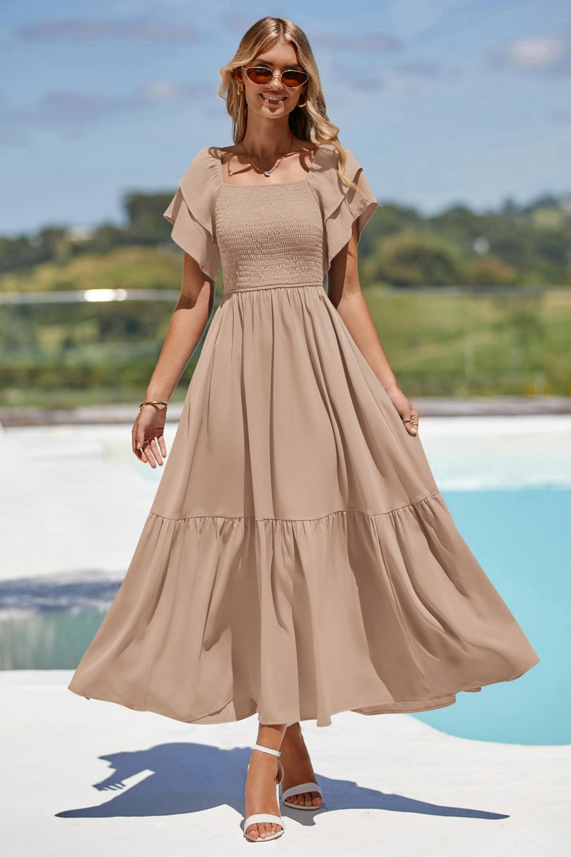 MASCOMODA Womens Summer Casual Midi Dress Square Neck Ruffle Short Sleeve Smocked High Waist A Line Wedding Guest Dresses(Khaki,Large) - Image 5