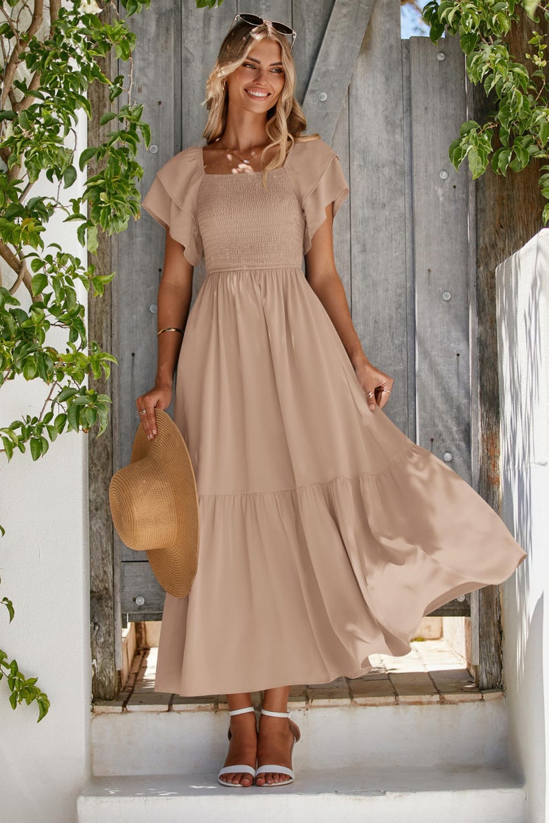 MASCOMODA Womens Summer Casual Midi Dress Square Neck Ruffle Short Sleeve Smocked High Waist A Line Wedding Guest Dresses(Khaki,Large) - Image 2
