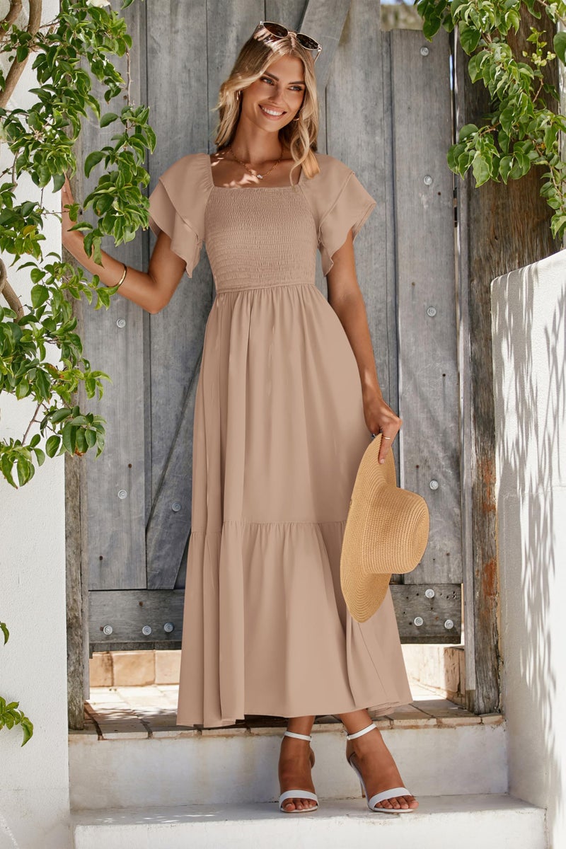 MASCOMODA Womens Summer Casual Midi Dress Square Neck Ruffle Short Sleeve Smocked High Waist A Line Wedding Guest Dresses(Khaki,Large) - Image 3
