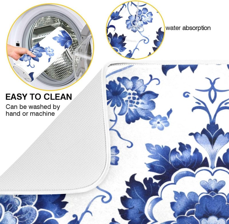 senya Boho Dish Drying Mat for Kitchen Counter, Blue White Porcelain Pattern Drying Pad Absorbent Dishes Drainer Mats Trivet 16 x 18 Inch - Image 3