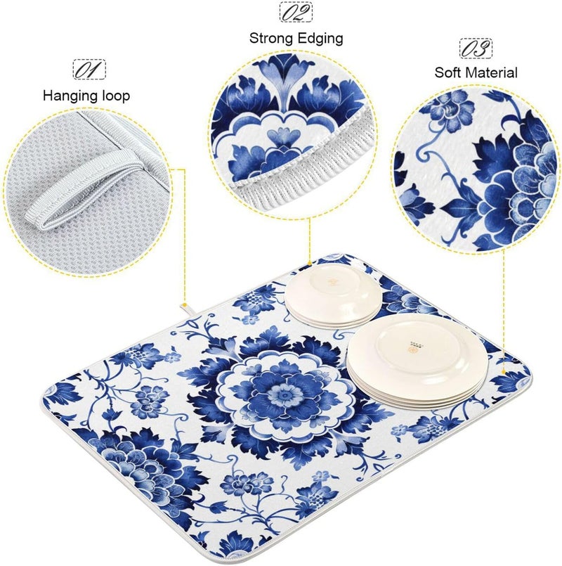senya Boho Dish Drying Mat for Kitchen Counter, Blue White Porcelain Pattern Drying Pad Absorbent Dishes Drainer Mats Trivet 16 x 18 Inch - Image 4