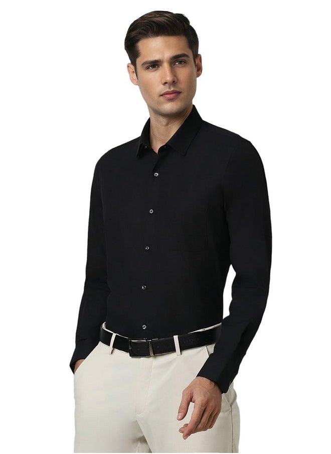 Peter England Peter England Men's Premium Solid Herringbone Regular Fit Full Sleeve Formal Shirt | Wonder Fabric | Cotton Rich Black  - Image 2