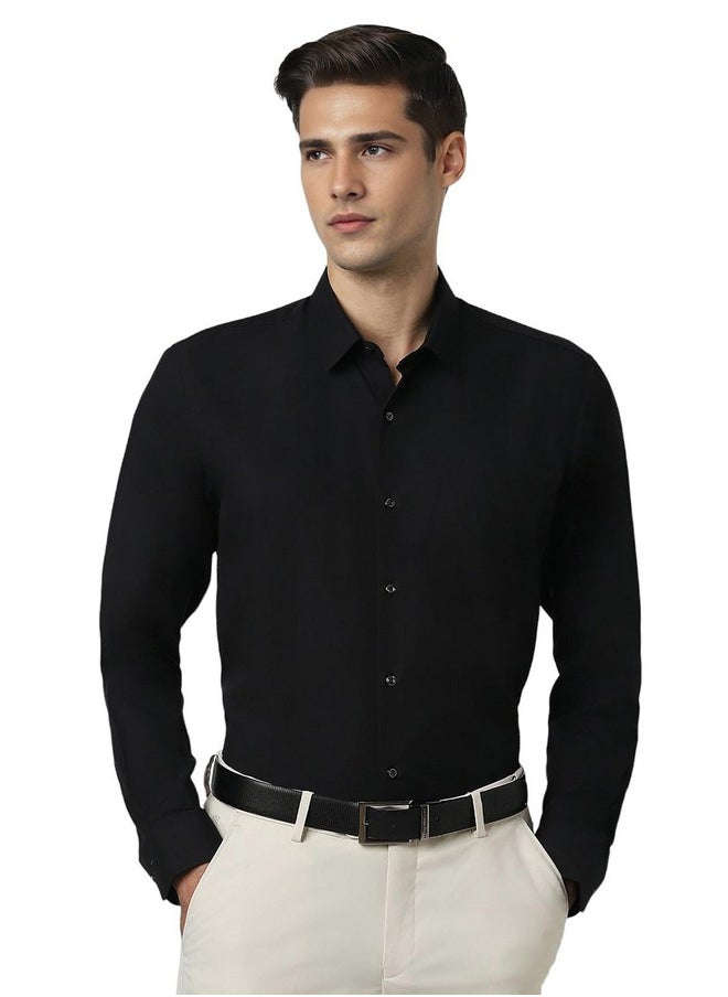 Peter England Peter England Men's Premium Solid Herringbone Regular Fit Full Sleeve Formal Shirt | Wonder Fabric | Cotton Rich Black  - Image 1
