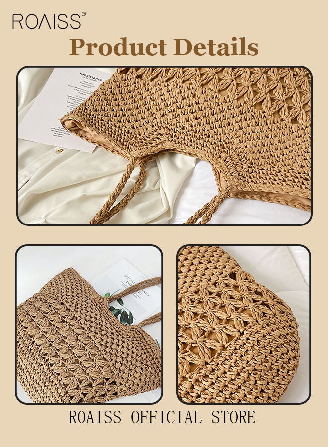 roaiss Women Straw Woven Shoulder Bag Summer Beach Travel Crossbody Handbag Classics Satchel Purse Woven Handbags Women Straw Tote Bag with Zip Woven Basket Bags - Image 2