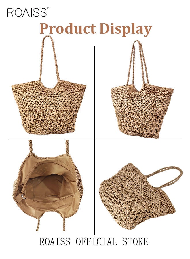 roaiss Women Straw Woven Shoulder Bag Summer Beach Travel Crossbody Handbag Classics Satchel Purse Woven Handbags Women Straw Tote Bag with Zip Woven Basket Bags - Image 4
