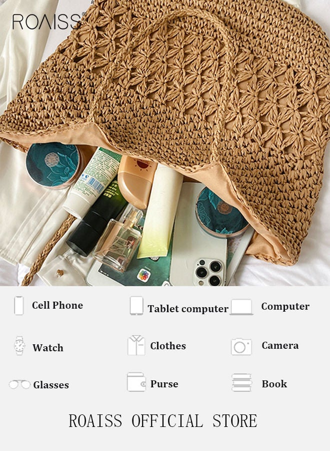 roaiss Women Straw Woven Shoulder Bag Summer Beach Travel Crossbody Handbag Classics Satchel Purse Woven Handbags Women Straw Tote Bag with Zip Woven Basket Bags - Image 5