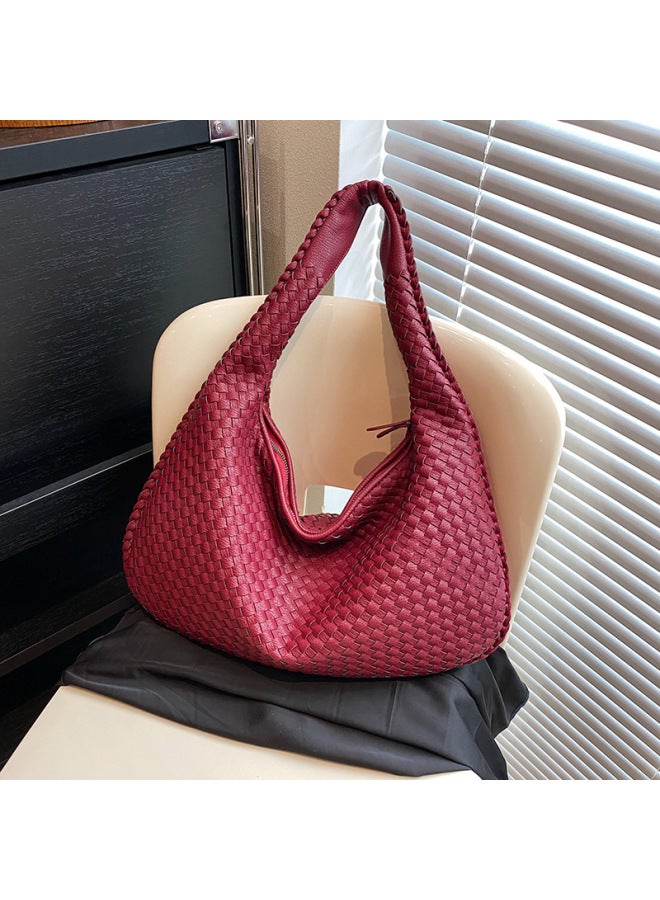 French Style Versatile Women's Knitted Handbag Niche Underarm Bag High-end Feel Commute Tote Bag Durable Strap Single Shoulder-Color:Small Size Green-Dimensions:Small 34*21  - Image 3