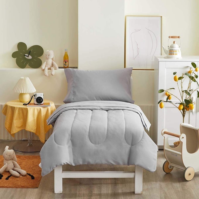 4 PIECES TODDLER BEDDING SET ULTRA SOFT AND BREATHABLE TODDLER SHEET SET INCLUDES COMFORTER FLAT SHEET FITTED SHEET AND PILLOWCASE DARK GRAY GRAY