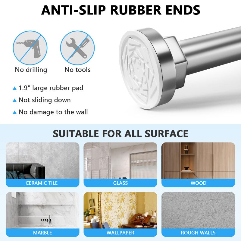 FOJELD Shower Curtain Rod 27-79 Inches, Adjustable Tension Shower Rod No Drilling, No Slip, Spring Tension Curtain Rod for Bathroom Kitchen Closet Windows - Silver - Image 3