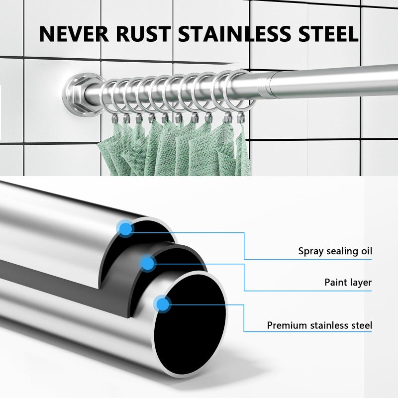 FOJELD Shower Curtain Rod 27-79 Inches, Adjustable Tension Shower Rod No Drilling, No Slip, Spring Tension Curtain Rod for Bathroom Kitchen Closet Windows - Silver - Image 2