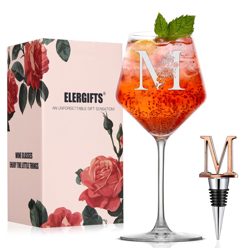 ELERGIFTS Personalized Gifts for Women, Monogrammed A-Z Wine Glass Customized Gift with Wine Stopper, Unique Christmas Birthday Gifts for Women Mom Friend Sister Wife -Dishwasher Safe (M) - Image 1