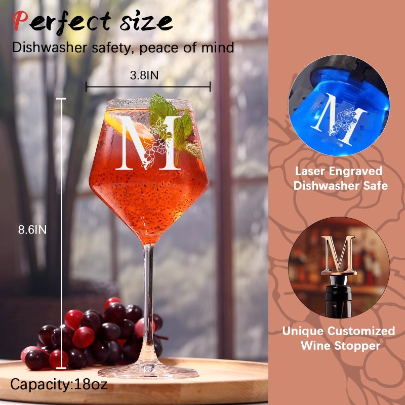 ELERGIFTS Personalized Gifts for Women, Monogrammed A-Z Wine Glass Customized Gift with Wine Stopper, Unique Christmas Birthday Gifts for Women Mom Friend Sister Wife -Dishwasher Safe (M) - Image 5