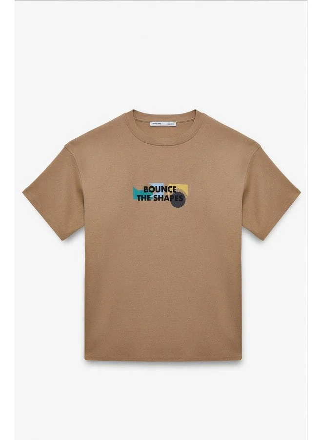 GRIMELANGE MILENNIAL Men's Oversized Fit 100% Cotton Thick Textured Printed Dark Beige T-Shirt.