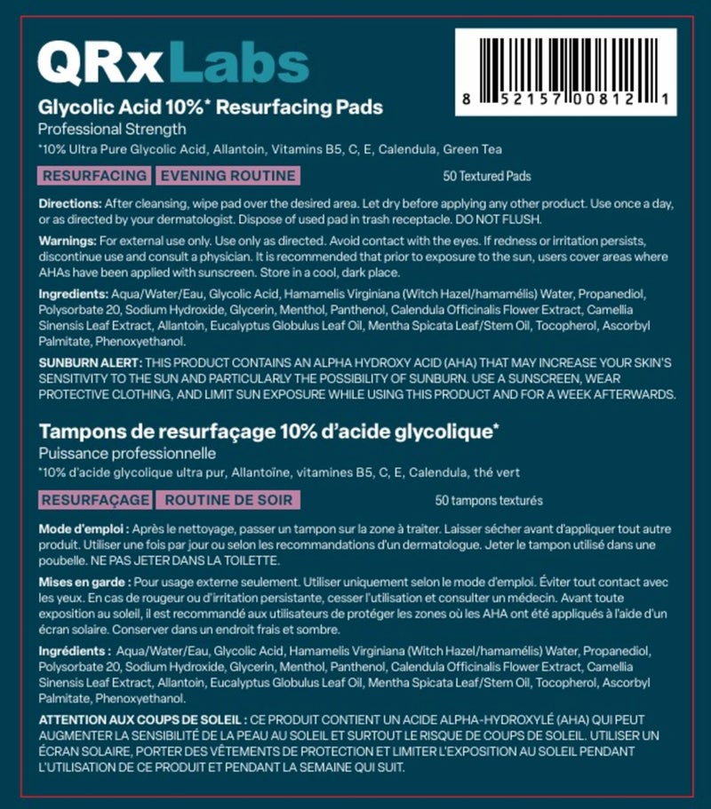 QRxLabs Glycolic Acid Pads - 10% Glycolic Acid Exfoliating Pads - Rinse-Free Face Peel - Antioxidant Chemical Exfoliant with Vitamins B5, C & E, Green Tea Extract - 50 Count, Mint & Eucalyptus - Image 3