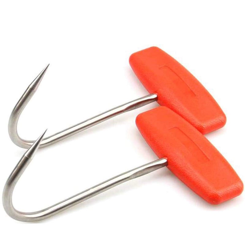 TIHOOD 2PCS Meat Hooks for Butchering,T Shaped Boning Hooks with Handle 6 inch Stainless Steel Butcher Shop Tool Kit (Orange x2) - Image 1