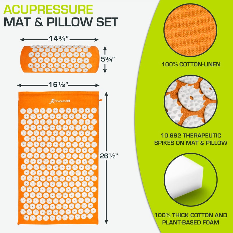 ProsourceFit Acupressure Mat and Pillow Set for Back/Neck Pain Relief and Muscle Relaxation, Orange - Image 2