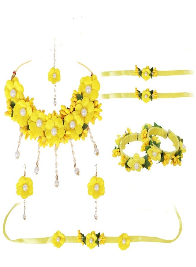 Efulgenz Indian Flower Haldi Jewelry Set Necklace Earrings Maang Tikka Bracelet Armlets Waistbelt Kamarband Wedding Bridal Handmade Jewelry for Haldi Mehandi - Image 1