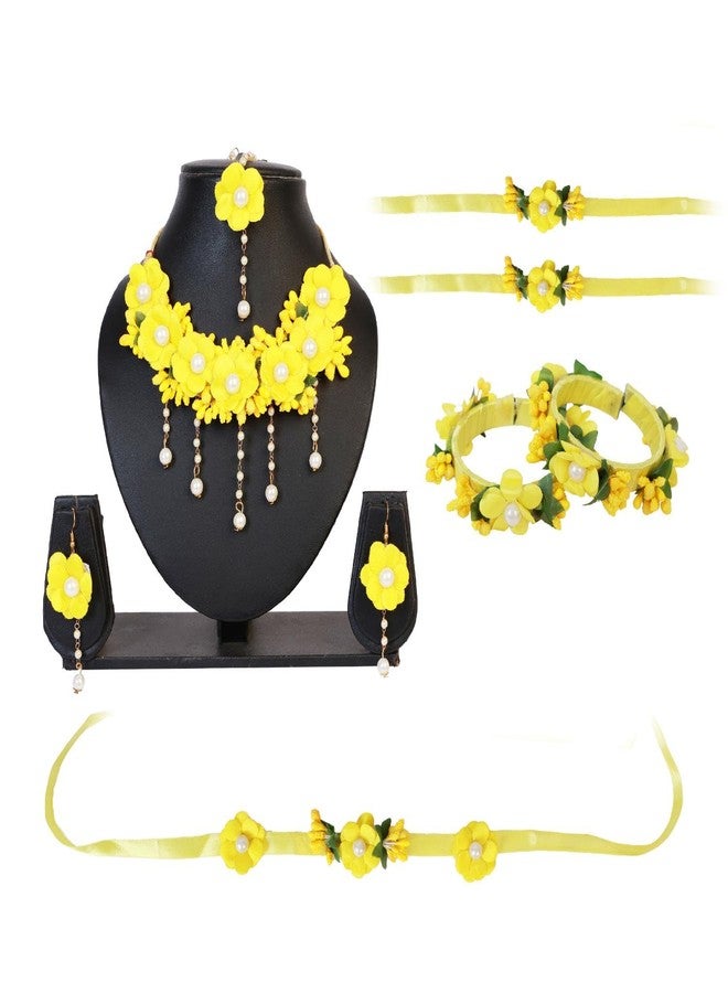Efulgenz Indian Flower Haldi Jewelry Set Necklace Earrings Maang Tikka Bracelet Armlets Waistbelt Kamarband Wedding Bridal Handmade Jewelry for Haldi Mehandi - Image 3