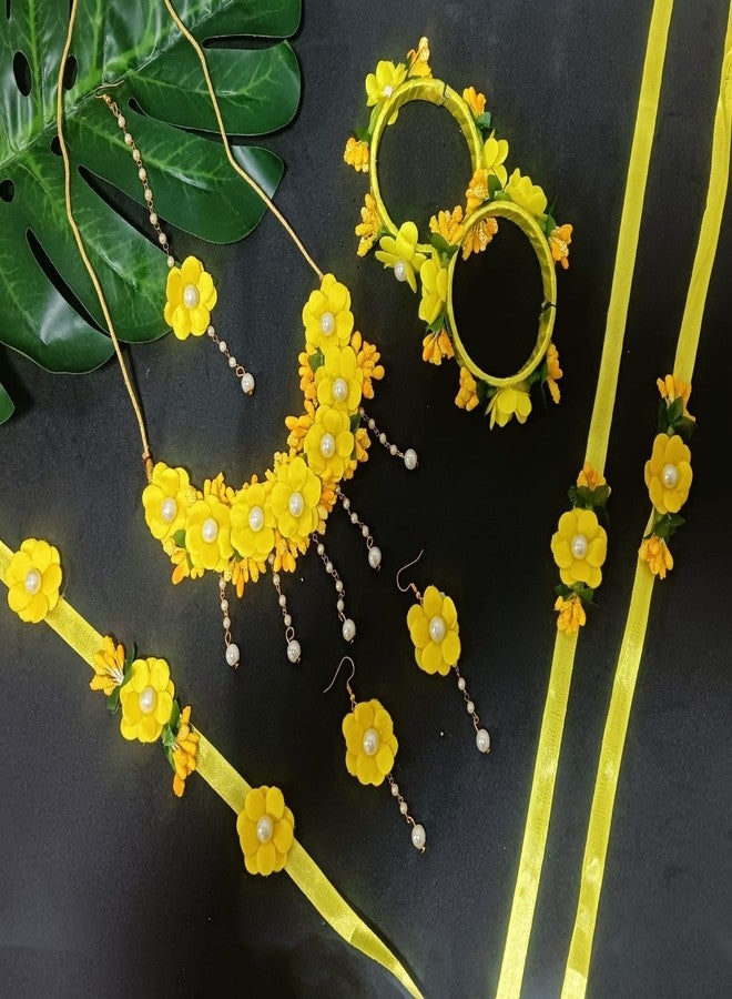 Efulgenz Indian Flower Haldi Jewelry Set Necklace Earrings Maang Tikka Bracelet Armlets Waistbelt Kamarband Wedding Bridal Handmade Jewelry for Haldi Mehandi - Image 2