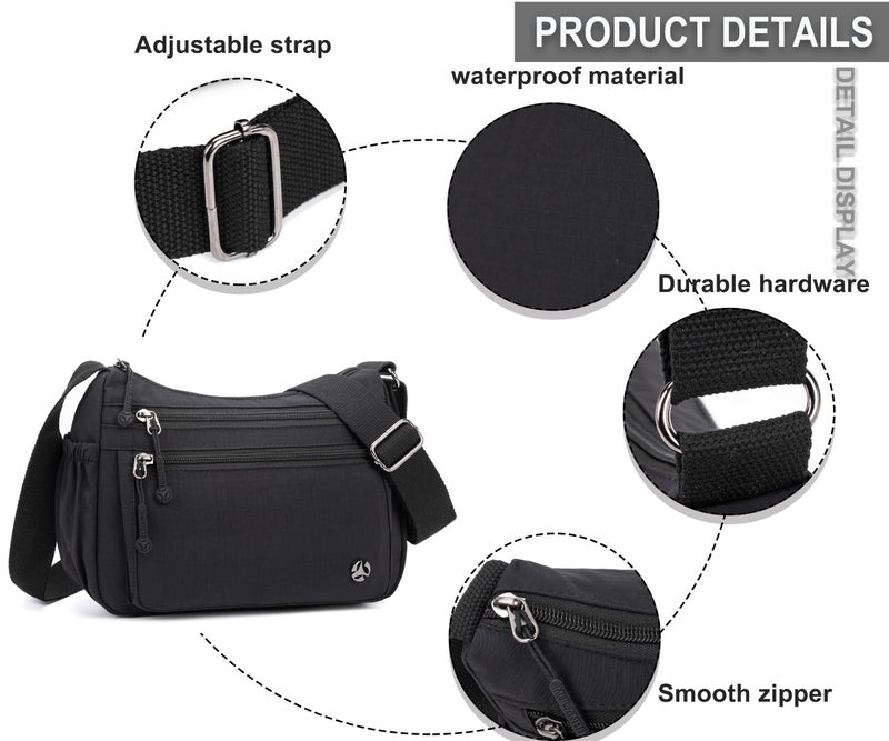 Wytidian Crossbody Bags for Women Waterproof Nylon Shoulder Bag Roomy Multiple Pockets Messenger Purses Handbags (Black) - Image 5