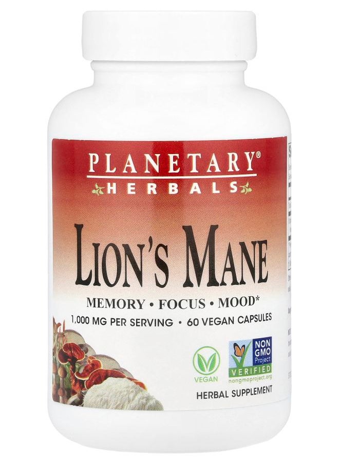 PLANETARY HERBALS Lion's Mane 1000 mg 60 Vegan Capsules (500 mg per Capsule) 