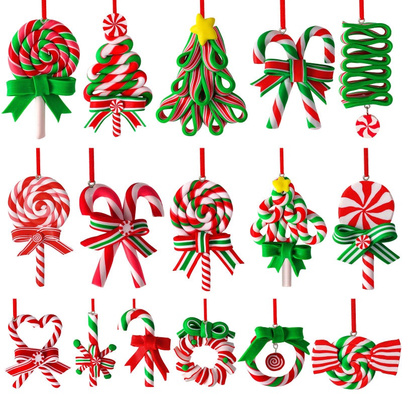 AUGSUN 16Pcs Christmas Lollipop Ornaments Candy Christmas Tree Decorations Colorful Mini Candy Cane Hanging Ornaments Polymer Clay Peppermint Pendants for Xmas Tree Party Home Decorations