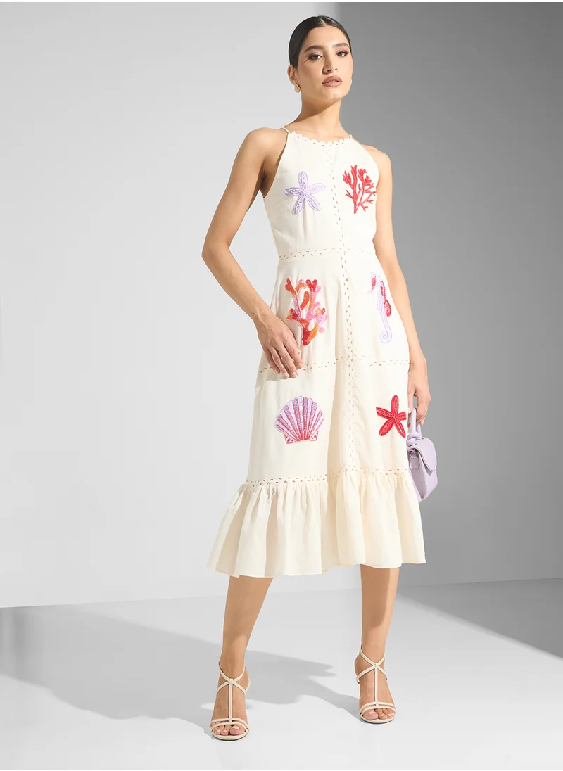 هوب اند ايفي Embellished High Neck Tiered Skirt Midi Dress